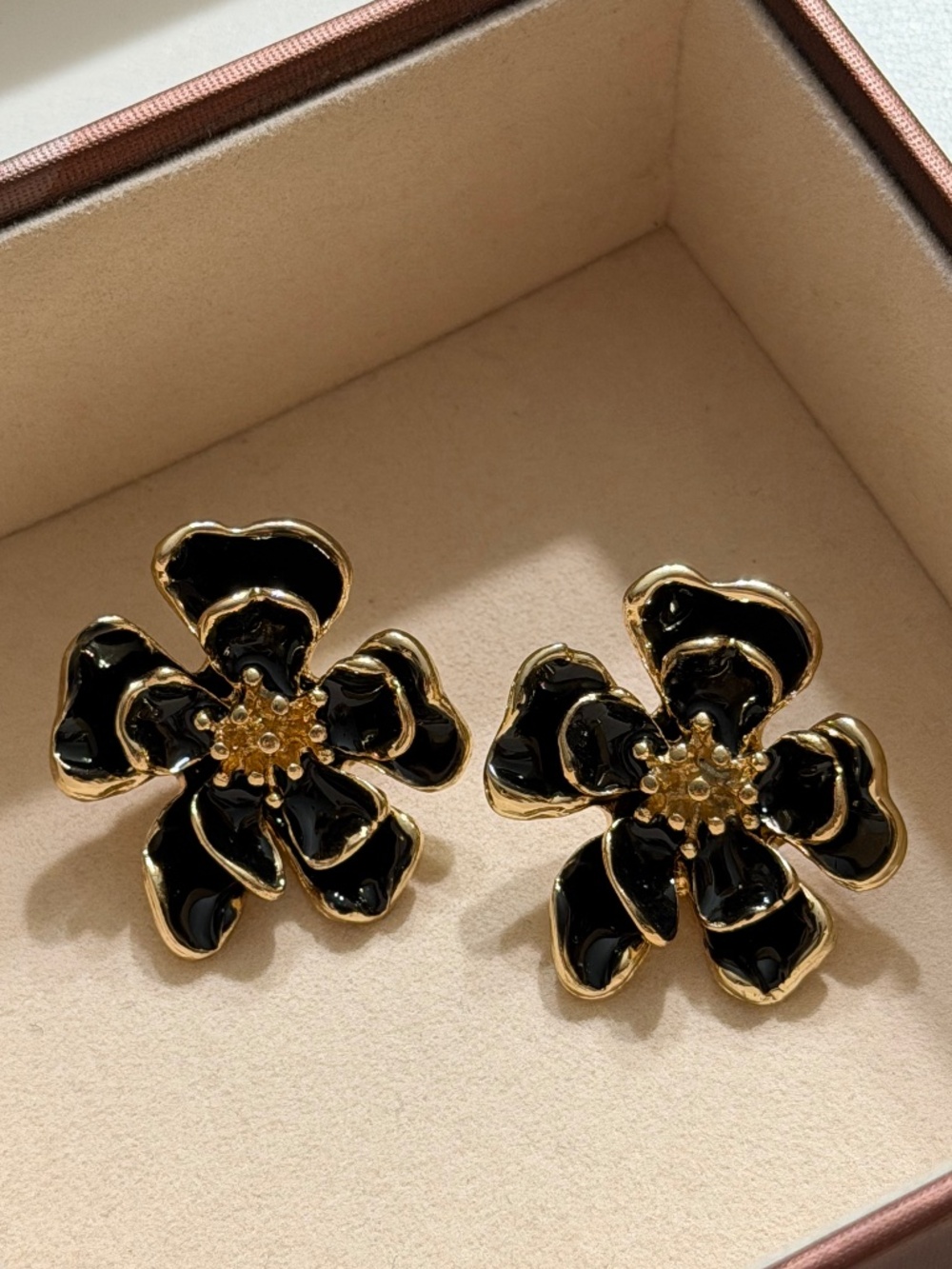 Elegant Golden Black Double-Layer Enamel Flower Statement Earrings